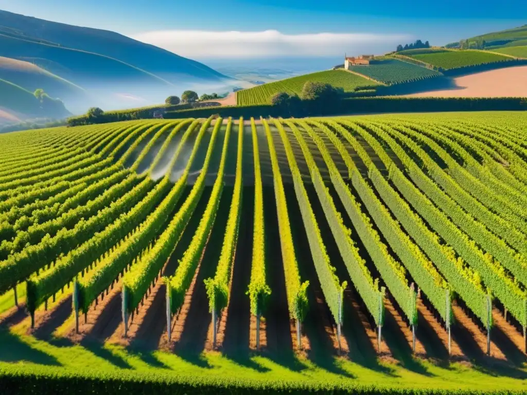 Bodega moderna entre viñedos: inversión próspera y serena Inversiones inmobiliarias en bodegas: Viñedos exuberantes bajo el sol brillante y cielo azul, con una bodega moderna al fondo