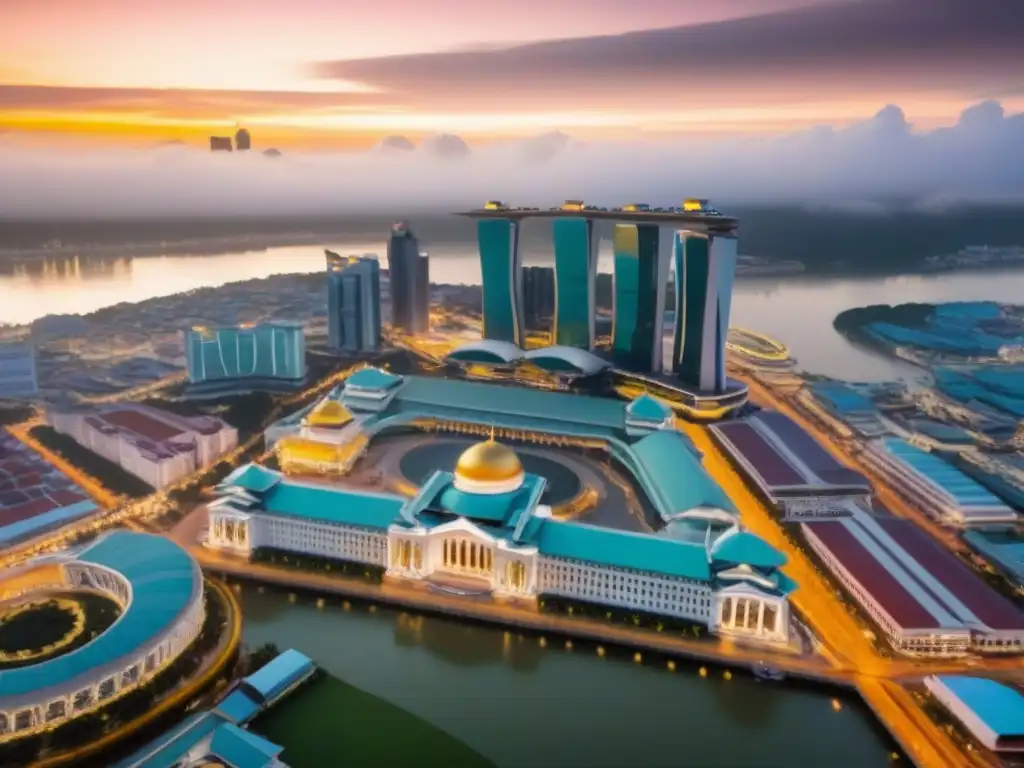 Skyline moderno de Bandar Seri Begawan al atardecer Inversiones inmobiliarias en Brunei: Vista aérea de Bandar Seri Begawan con arquitectura tradicional y rascacielos modernos al atardecer