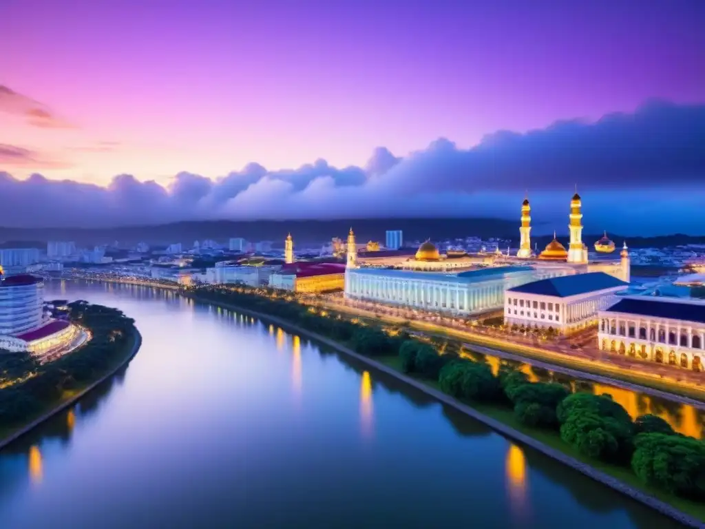 Esplendor urbano al atardecer en Bandar Seri Begawan, Brunei Inversiones inmobiliarias en Brunei: Atardecer en Bandar Seri Begawan con arquitectura tradicional y rascacielos modernos reflejados en el río