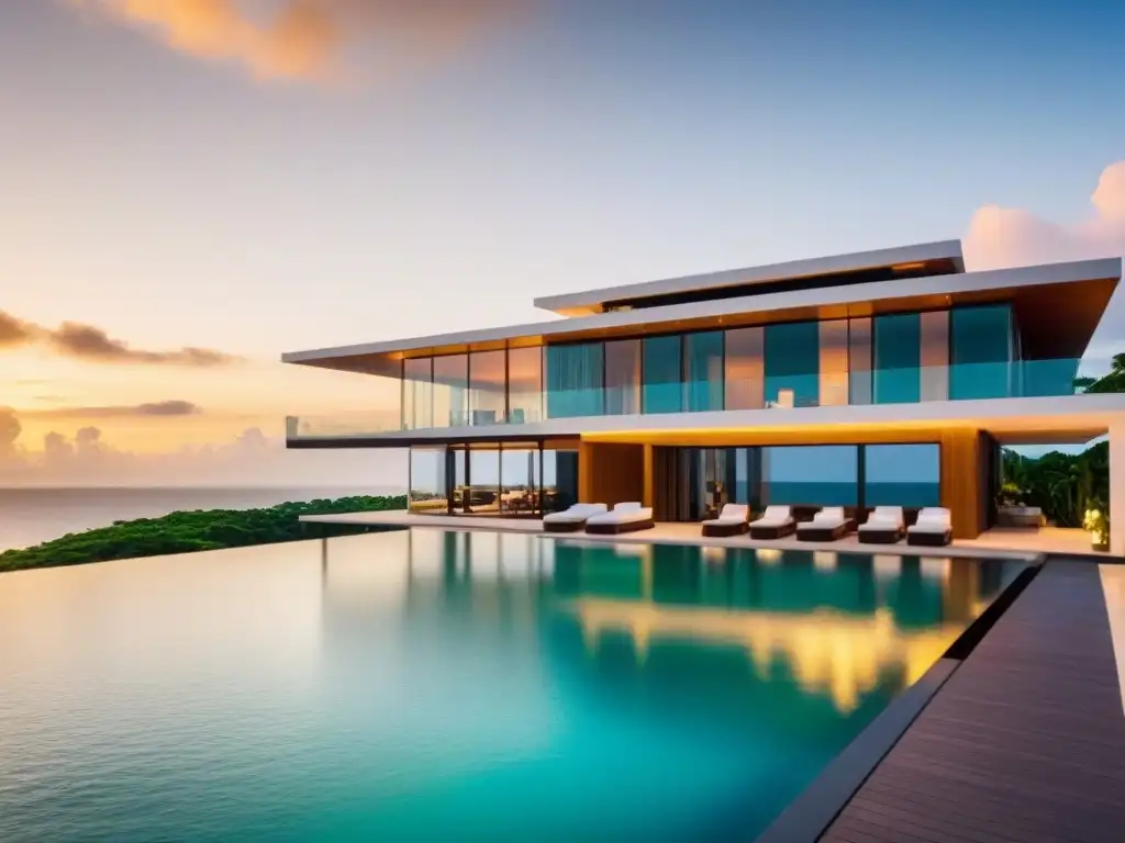 Residencia de lujo en Brunei: diseño moderno y glamour junto al mar Inversiones inmobiliarias en Brunei: Lujosa propiedad frente al mar con arquitectura moderna y exuberante paisajismo tropical al atardecer