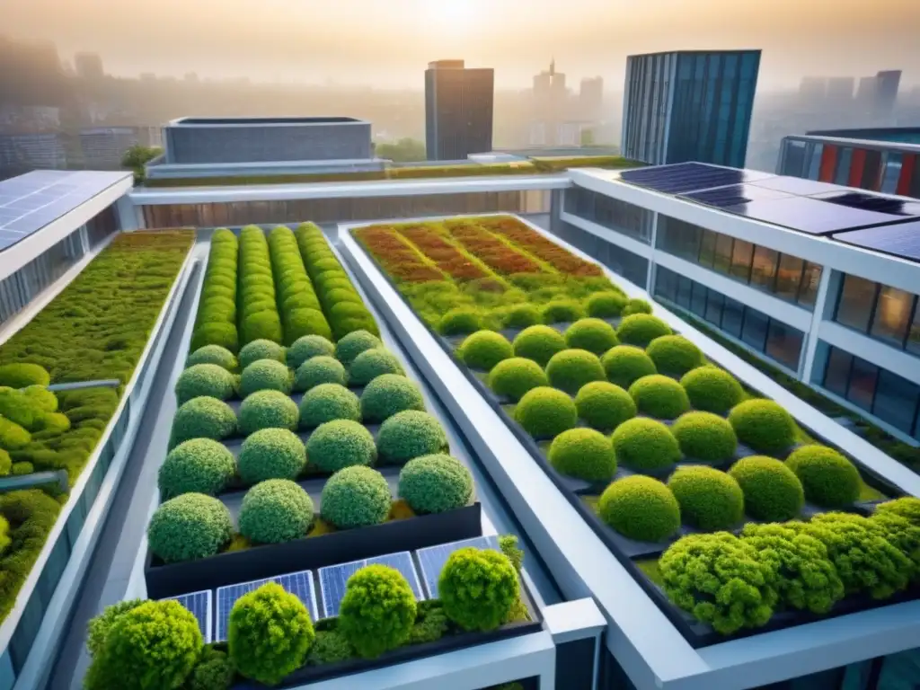 Complejo sostenible: arquitectura eco en la ciudad Inversiones inmobiliarias cambio climático: Complejo moderno sostenible con techos verdes, paneles solares y jardines verticales en ciudad urbana