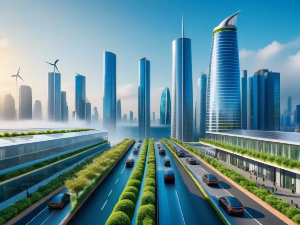 Metrópolis sostenible del futuro: armonía entre modernidad y ecología Inversiones inmobiliarias en cambio climático: Ciudad futurista sostenible, rascacielos verdes, calles peatonales y vehículos eléctricos
