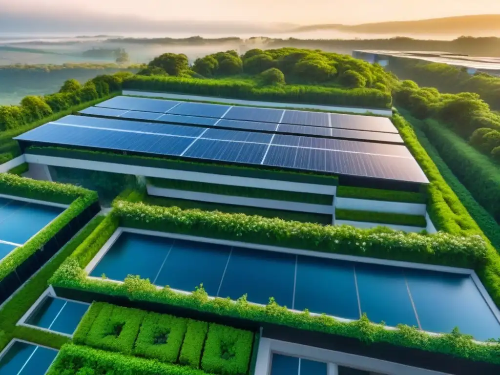 Complejo ecoamigable: arquitectura sostenible y naturaleza Inversiones inmobiliarias cambio climático: Complejo ecológico con paneles solares, jardines verticales y arquitectura sostenible