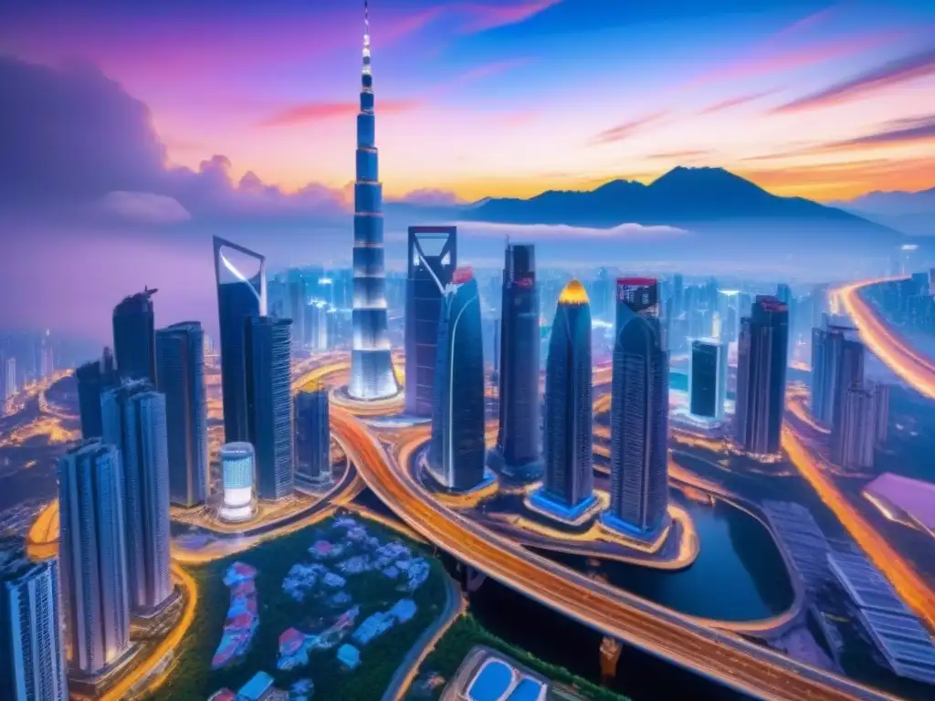 Metrópolis futurista en Asia Central: innovación y oportunidades Inversiones inmobiliarias en Asia Central: Vista aérea impresionante de una ciudad futurista entre montañas nevadas al atardecer