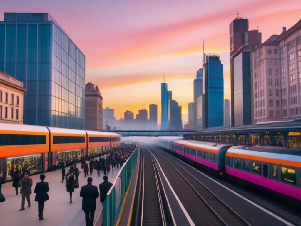 Metrópolis vibrante al atardecer: diversidad y movimiento urbano Inversiones inmobiliarias en Norteamérica: Una ciudad bulliciosa al atardecer con rascacielos iluminados y gente de diversas etnias en la calle