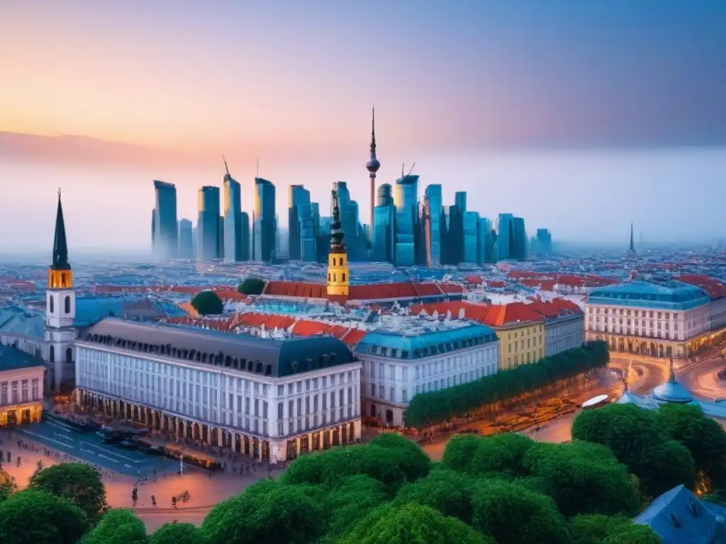 Skyline vibrante de Europa del Este: oportunidades inmobiliarias dinámicas Inversiones inmobiliarias en Europa del Este: Ciudad dinámica con rascacielos modernos y arquitectura histórica