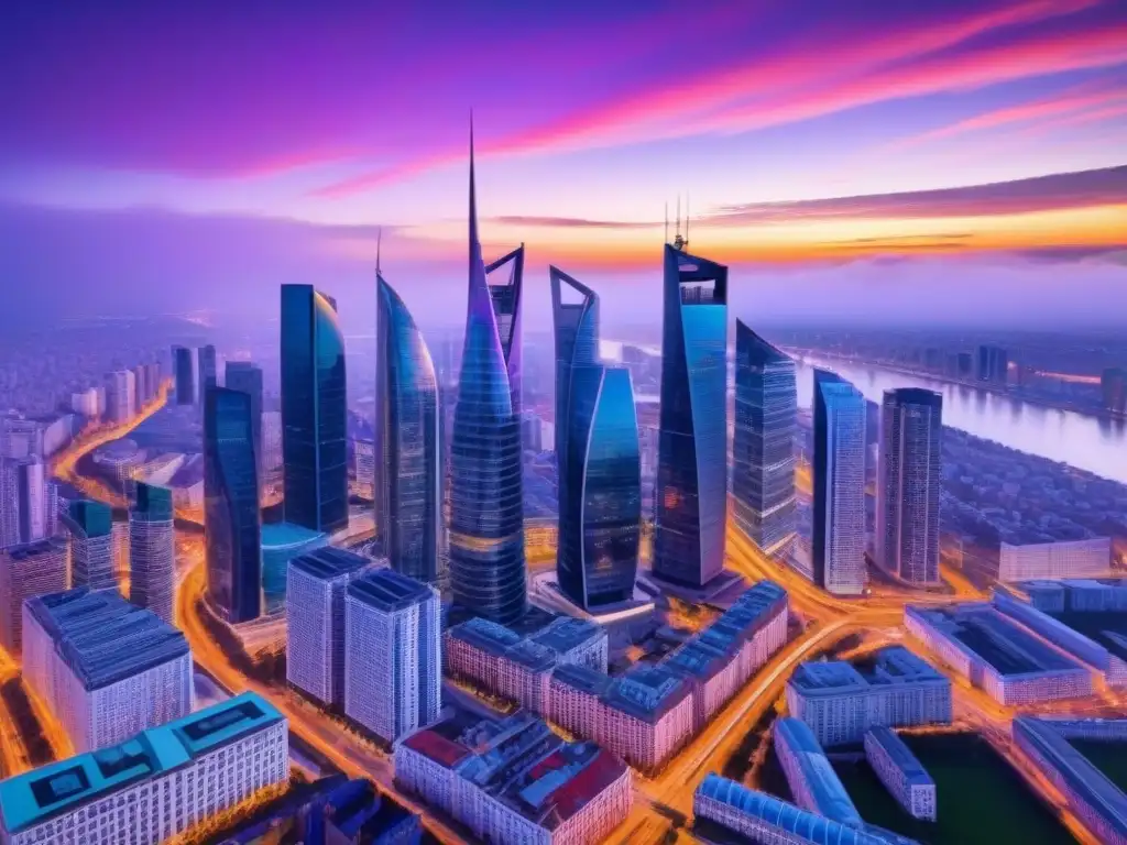 Horizonte futurista de una ciudad del Este de Europa en atardecer Inversiones inmobiliarias en Europa del Este: Ciudad futurista con rascacielos y autos autónomos en atardecer vibrante