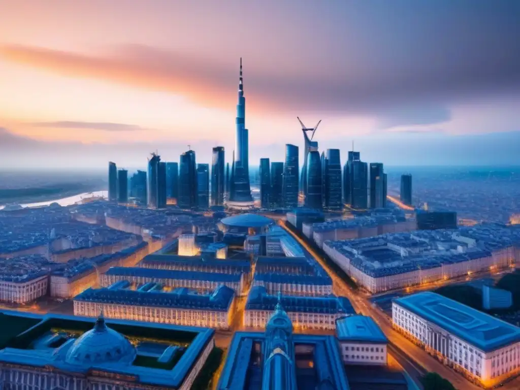 Skyline futurista de Europa del Este: oportunidades inmobiliarias Inversiones inmobiliarias en Europa del Este: Ciudad futurista con rascacielos innovadores y mezcla dinámica de arquitectura antigua y moderna