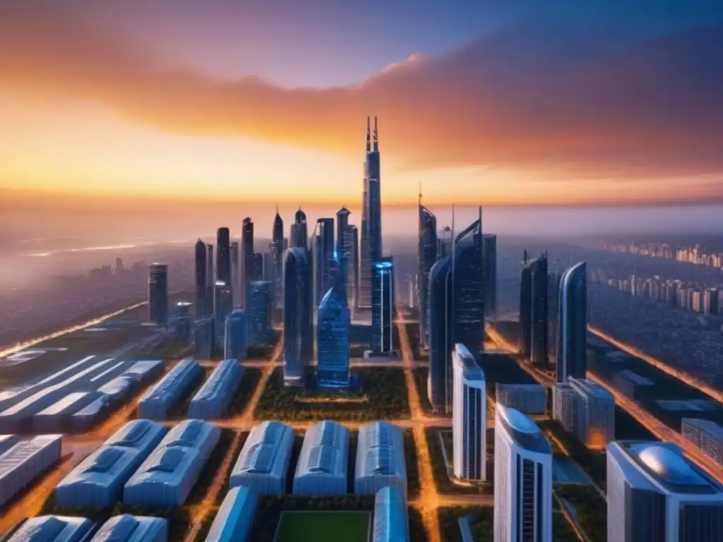 Metrópolis futurista: ciudad transparente en armonía con la naturaleza PropTech revolucionando inversiones inmobiliarias en una ciudad futurista con tecnología y naturaleza integradas armoniosamente al atardecer