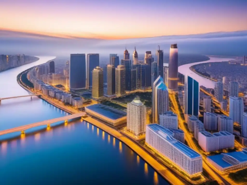 Horizonte urbano moderno iluminado al anochecer Inversiones inmobiliarias: Ciudad moderna iluminada al anochecer, reflejando en un río sereno