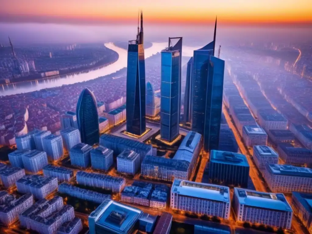 Horizonte urbano de Europa del Este: fusión de tradición y modernidad al atardecer Inversiones inmobiliarias Europa del Este: Ciudad moderna con rascacielos de cristal y arquitectura histórica al atardecer