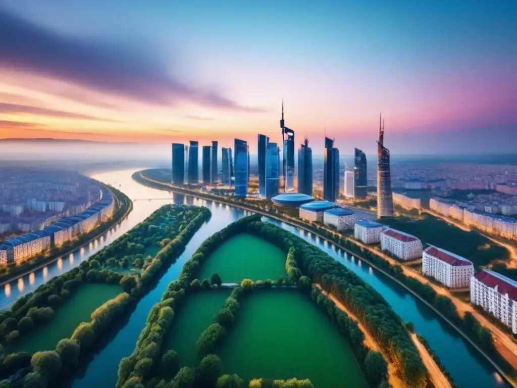 Horizonte brillante: inversión inmobiliaria en Europa del Este Inversiones inmobiliarias Europa del Este: Ciudad moderna con rascacielos y parques verdes, reflejando el atardecer vibrante