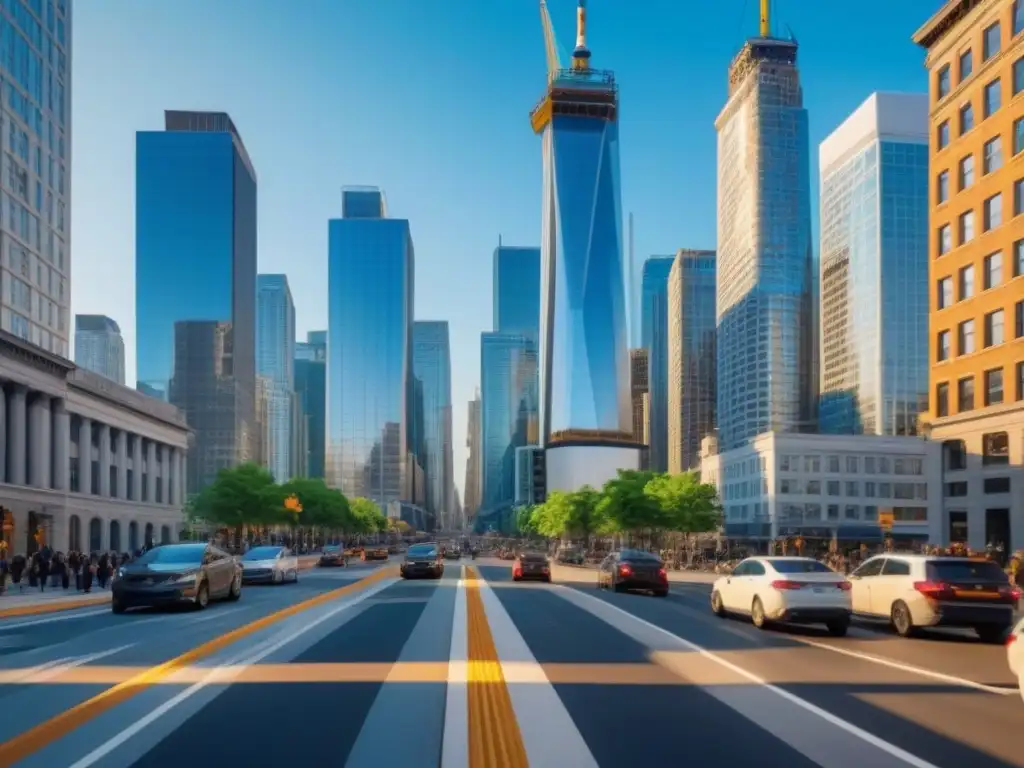 Metrópolis vibrante en América del Norte: luces, gente y crecimiento Inversiones inmobiliarias en Norteamérica: Una ciudad moderna y vibrante con rascacielos, calles llenas de gente y grúas de construcción al fondo