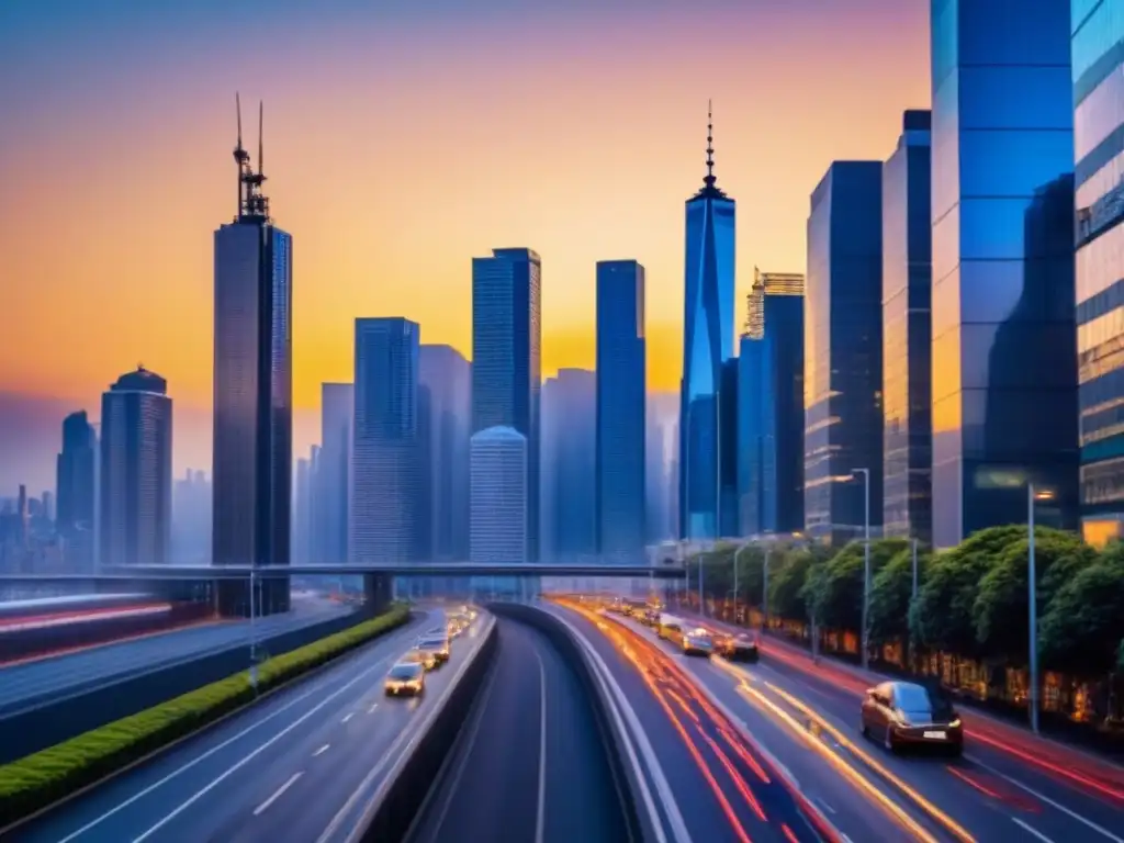 Horizonte urbano moderno al atardecer: inversión inmobiliaria para millennials Inversiones inmobiliarias para millennials: Ciudad moderna al atardecer, con rascacielos de cristal reflejando el sol en un ambiente vibrante