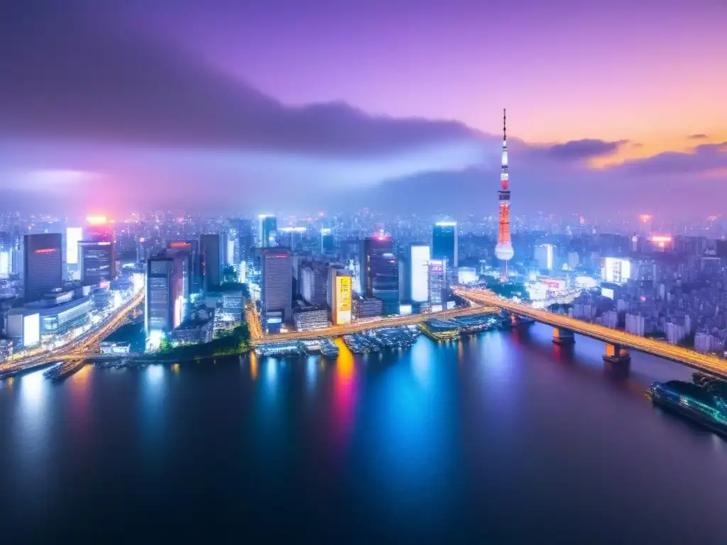 Tokyo de noche: Skyline futurista y vibrante neón Inversiones inmobiliarias en Tokio: La ciudad nocturna brilla con rascacielos y luces de neón reflejadas en el río Sumida