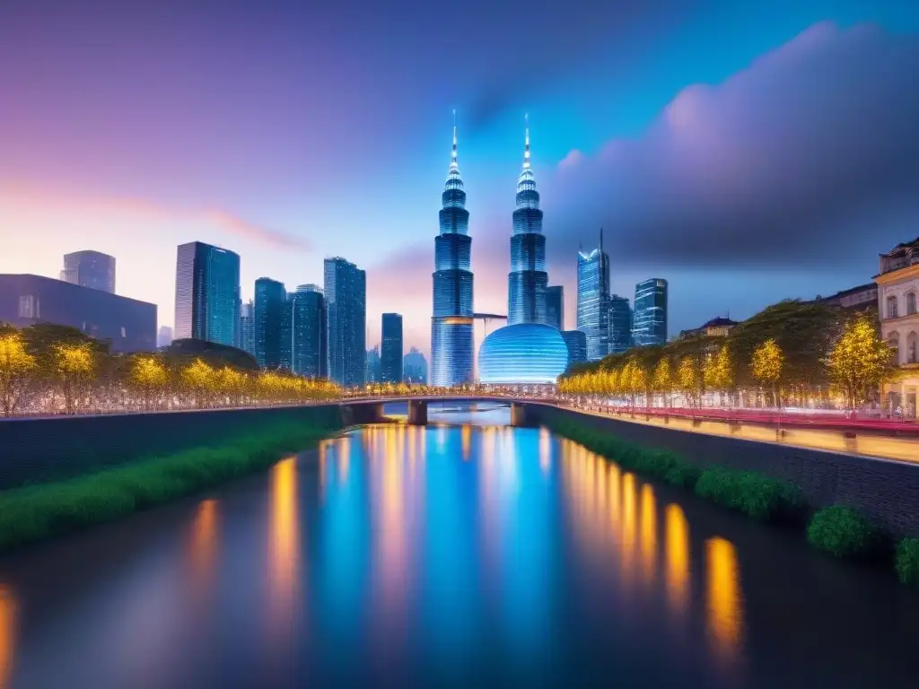 Innovación urbana y sostenibilidad: reflejos de progreso Inversiones inmobiliarias criterios ESG: Ciudad nocturna, rascacielos iluminados, río sereno