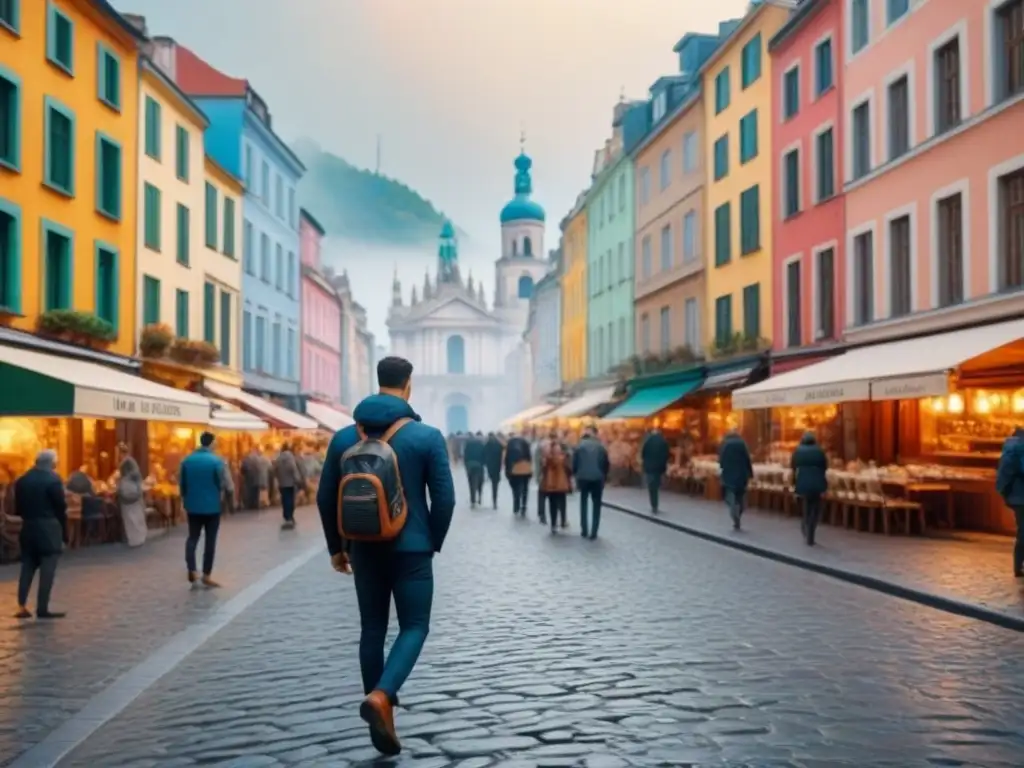 Centro histórico vibrante: turismo y desarrollo inmobiliario Inversiones inmobiliarias en ciudades históricas: Edificios coloridos y turistas en bullicioso centro histórico