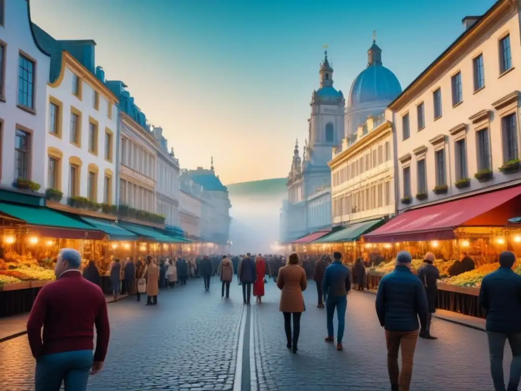 Mercado bullicioso en ciudad histórica: tradición y modernidad Inversiones inmobiliarias en ciudades históricas: Una bulliciosa calle de ciudad histórica con edificios centenarios y modernos rascacielos