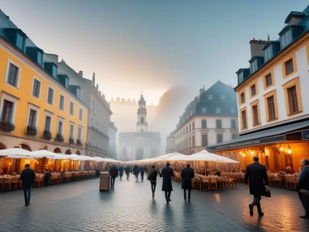 Plaza histórica: fusión de tradición y modernidad en ciudad vibrante Inversiones inmobiliarias en ciudades históricas: Plaza bulliciosa con arquitectura antigua y moderna, cafés al aire libre y gente diversa