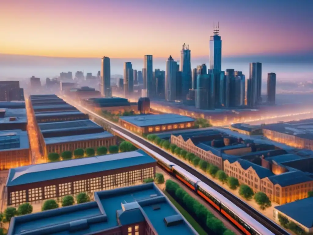 Vida urbana postindustrial en 8k: mezcla de modernidad y historia Inversiones inmobiliarias en ciudades postindustriales: Vista detallada de una ciudad postindustrial vibrante al anochecer