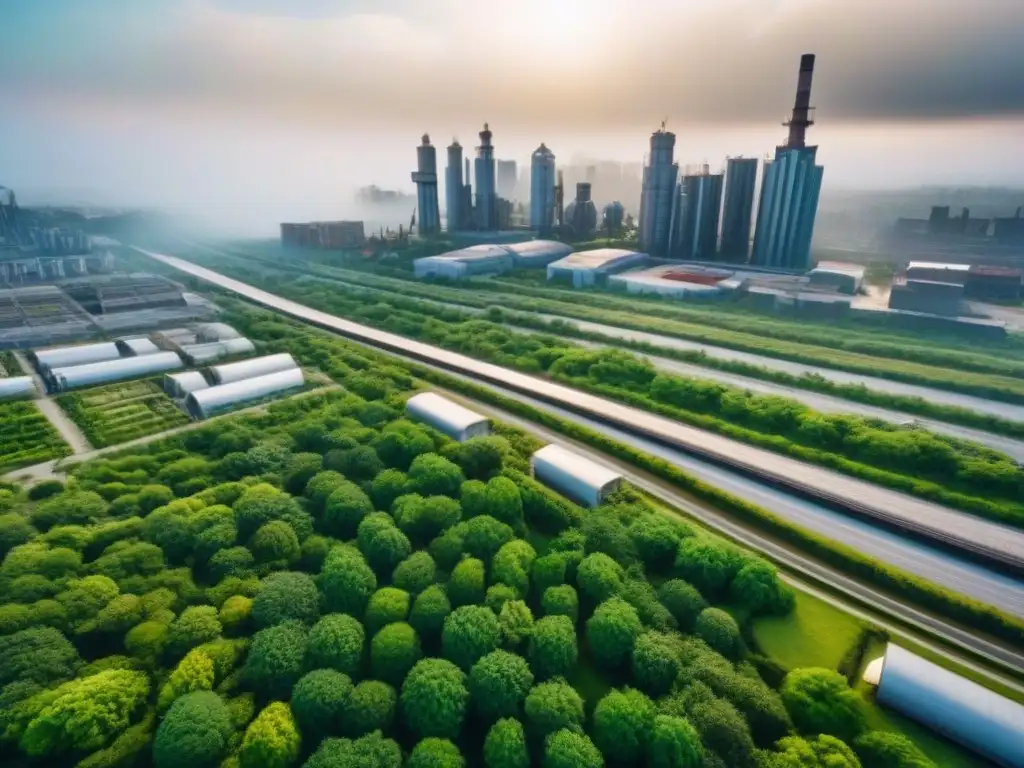 Renacimiento urbano: fusión de arquitectura moderna y pasado industrial Inversiones inmobiliarias en ciudades postindustriales: Una vista aérea impresionante de una ciudad renovada, mezclando rascacielos modernos con estructuras industriales reutilizadas, rodeadas de espacios verdes exuberantes