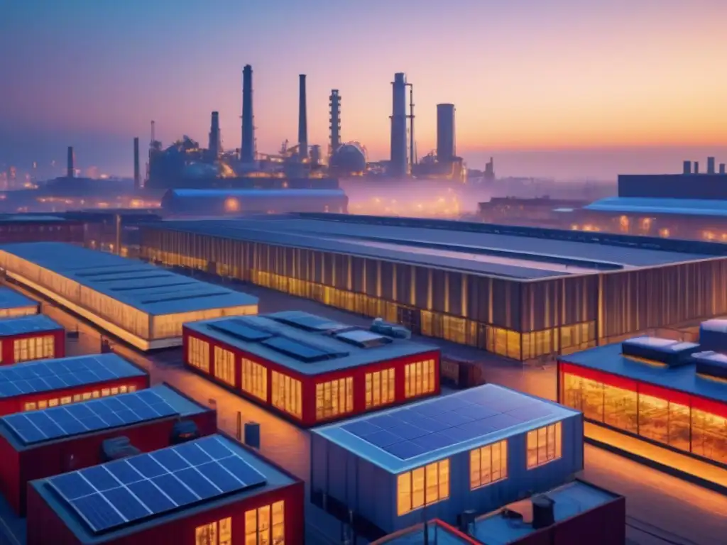 Cityscape postindustrial sostenible al atardecer Inversiones inmobiliarias en ciudades postindustriales: paisaje urbano postindustrial al atardecer con innovación y sostenibilidad