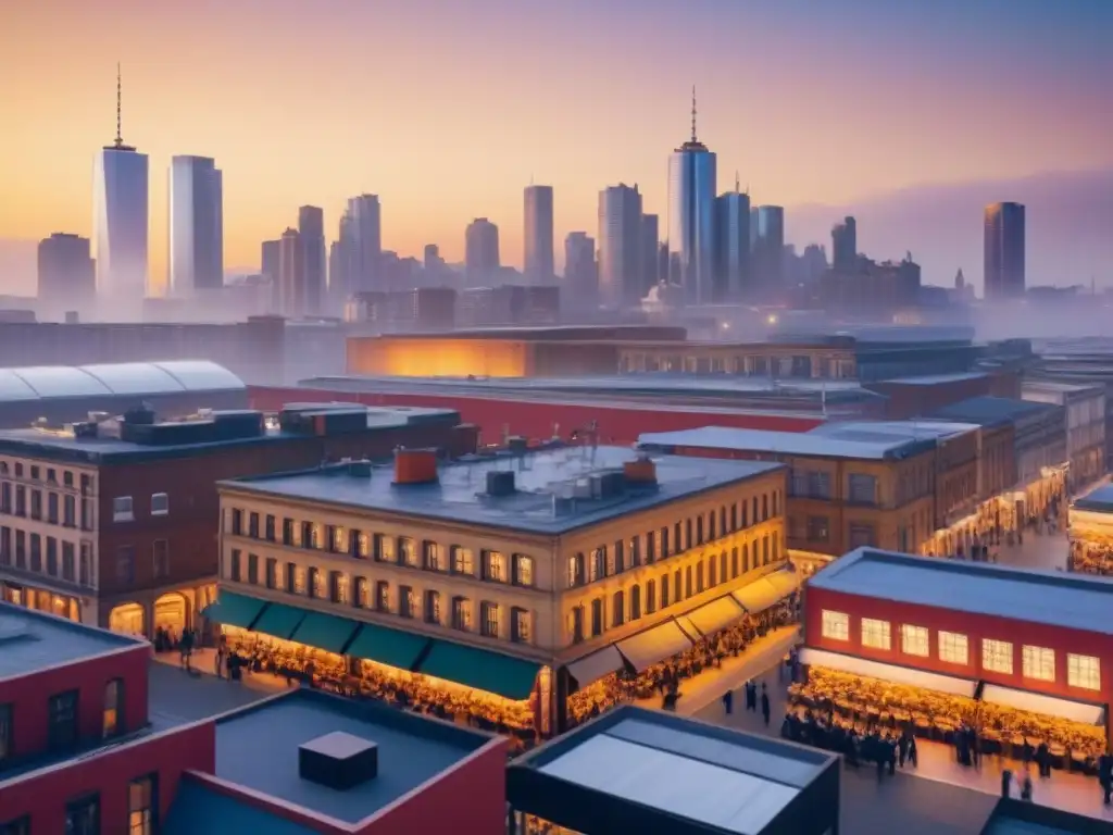 Transformación urbana: historia y modernidad se funden al atardecer Inversiones inmobiliarias en ciudades postindustriales: Una ciudad bulliciosa al anochecer, con edificios históricos e modernos