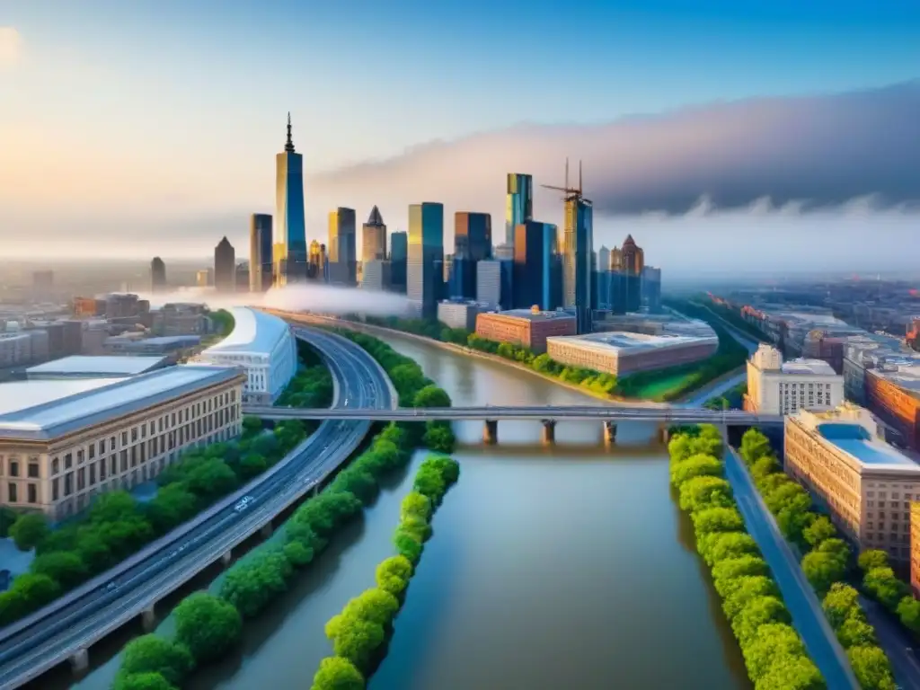 Vibrante ciudad postindustrial: renovación urbana y modernidad Inversiones inmobiliarias en ciudades postindustriales: Vista aérea de una ciudad revitalizada con edificios históricos y modernos