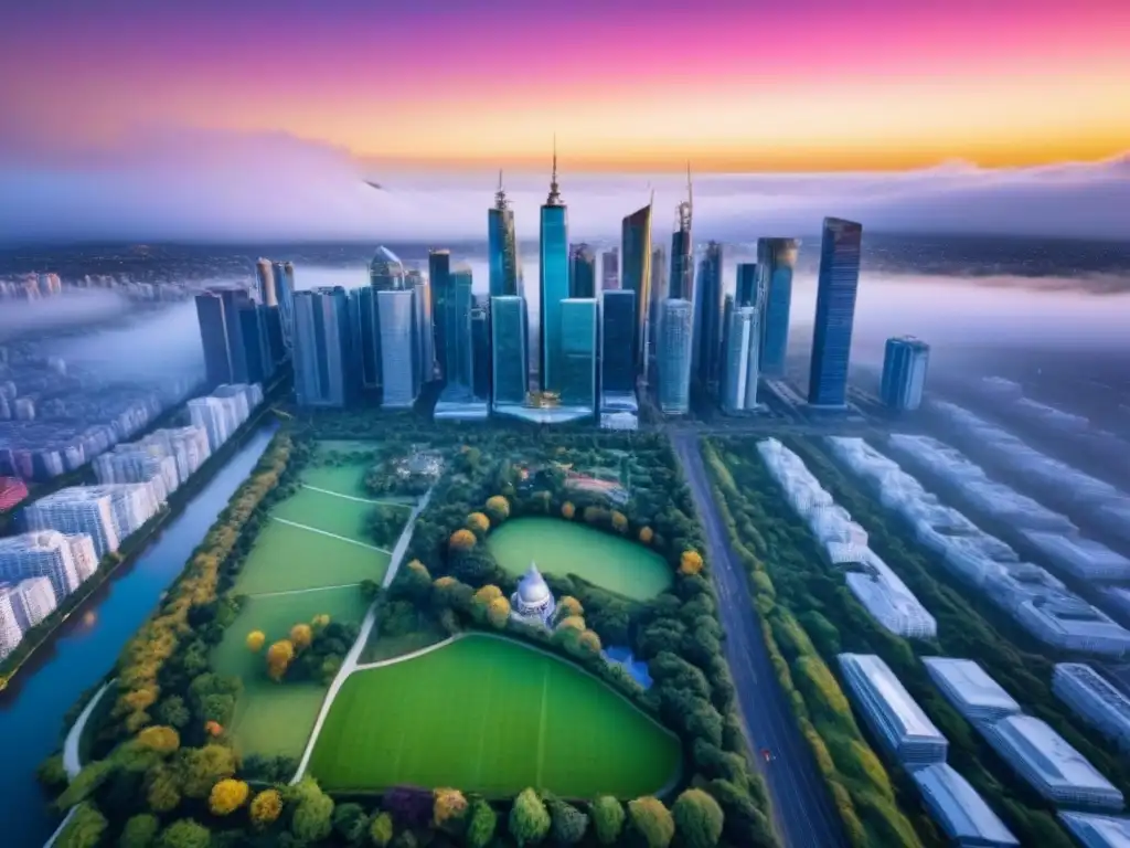 Espectacular vista aérea de ciudad secundaria en crecimiento Inversiones inmobiliarias en ciudades secundarias: Ciudad moderna con rascacielos de vidrio, parques verdes y calles coloridas al atardecer