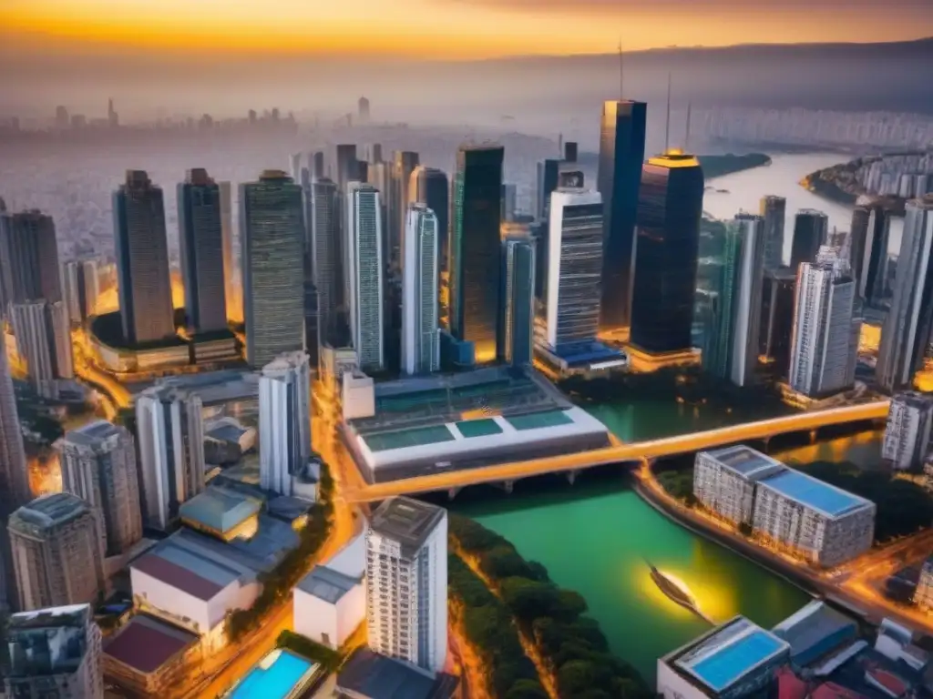 Horizonte urbano: ciudad secundaria en Latinoamérica Inversiones inmobiliarias en ciudades secundarias: Vista aérea de la moderna ciudad, mezcla de rascacielos futuristas y arquitectura histórica
