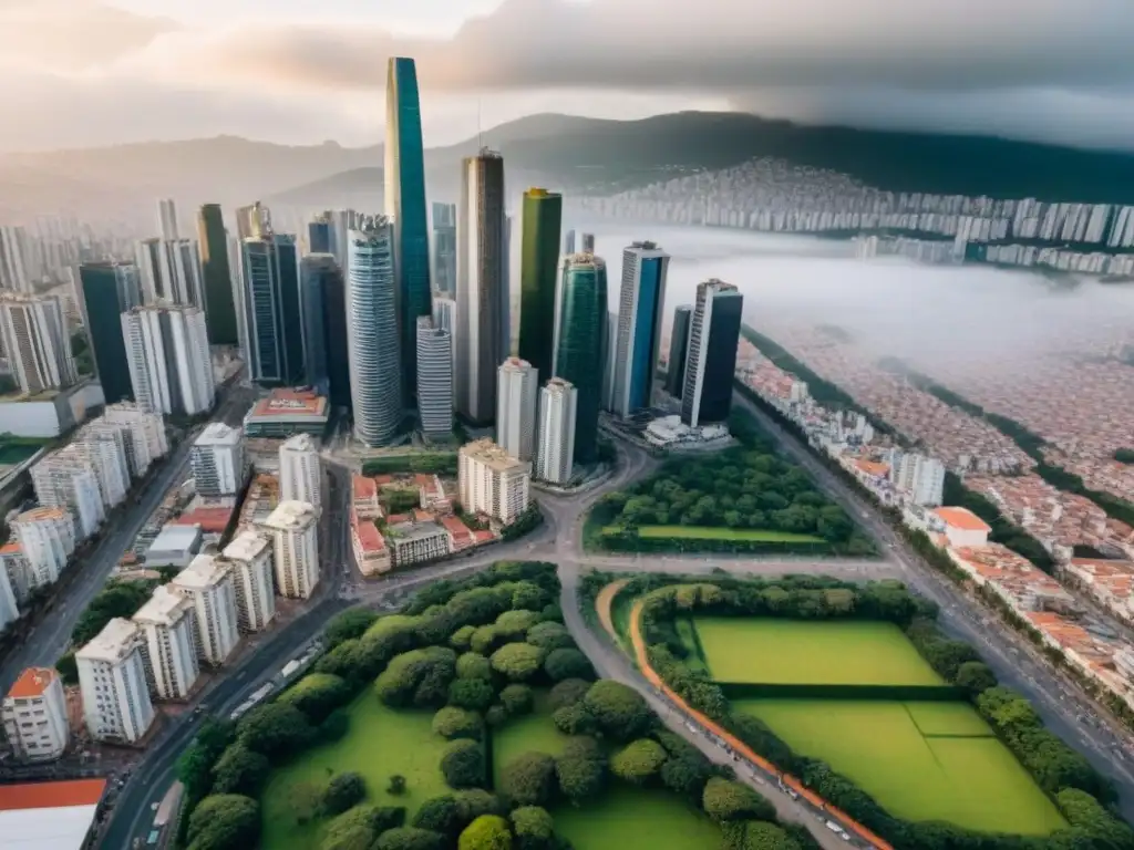 Cityscape vibrante de una ciudad secundaria en América Latina Inversiones inmobiliarias en ciudades secundarias: Vista aérea de una ciudad vibrante con rascacielos, arquitectura histórica y espacios verdes