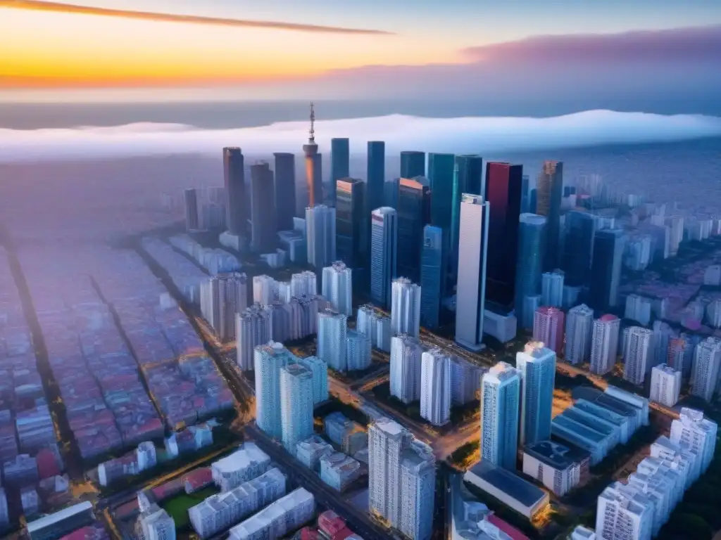 Metrópolis vibrante y moderna en Latinoamérica Inversiones inmobiliarias en ciudades secundarias: Vista aérea de una ciudad dinámica con rascacielos modernos y barrios coloridos