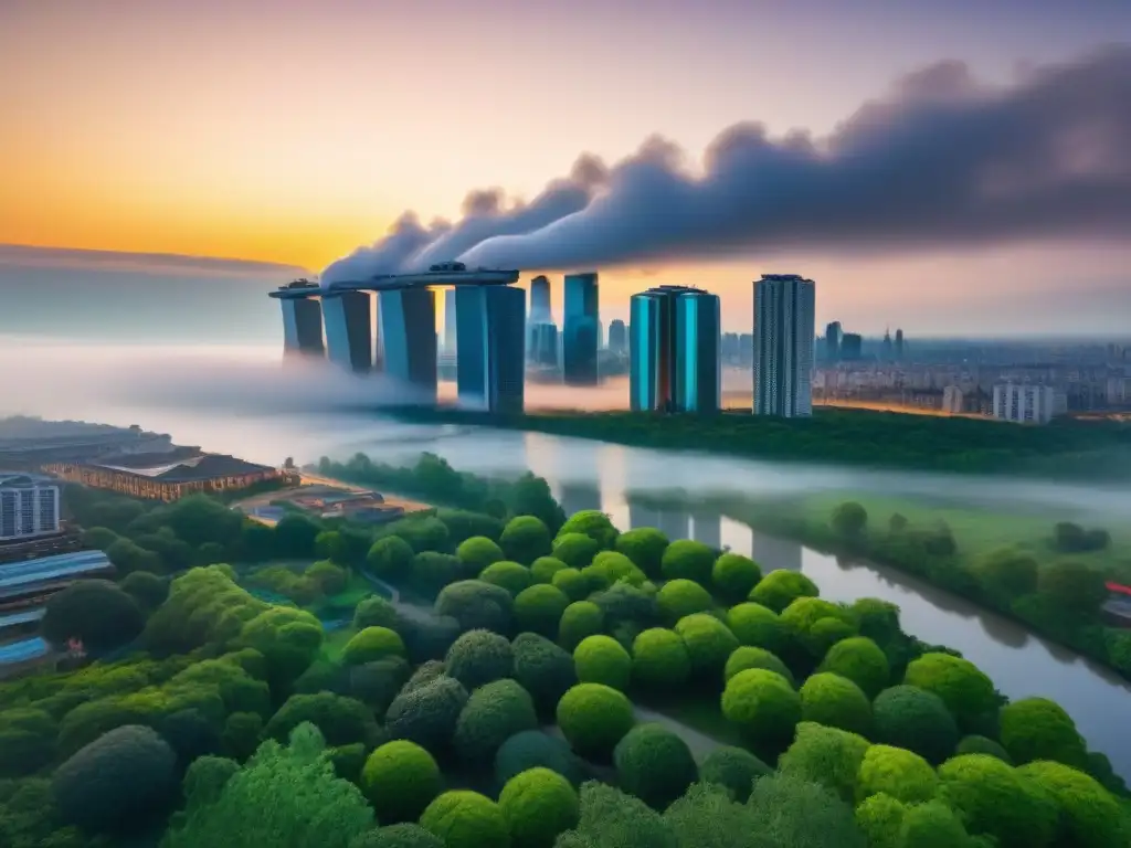 Escena urbana al atardecer: modernidad y naturaleza en armonía | Ciudad secundaria Inversiones inmobiliarias en ciudades secundarias: Atardecer pintoresco en ciudad secundaria, arquitectura moderna en armonía con la naturaleza