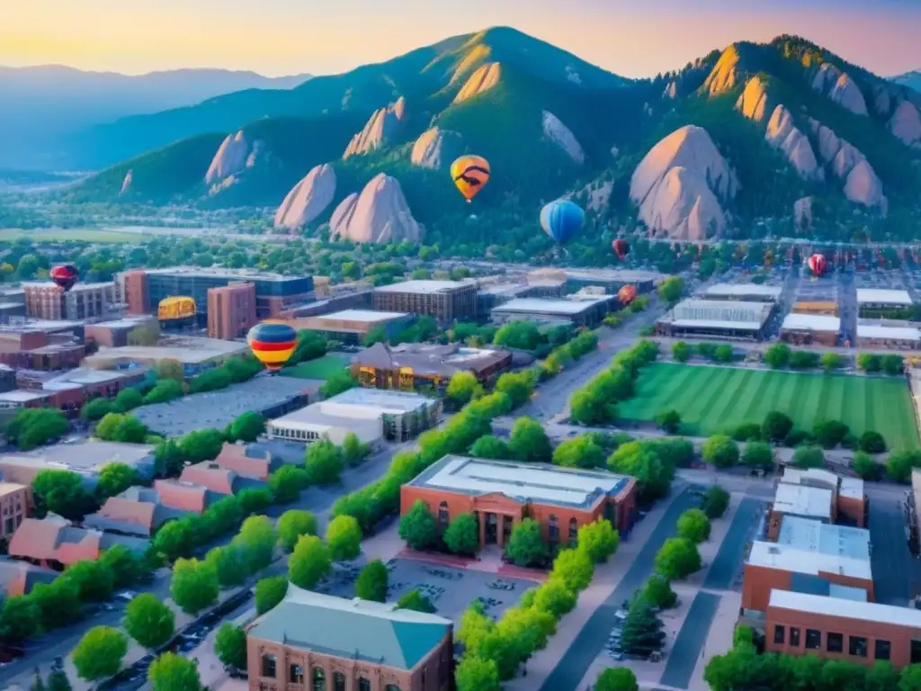 Boulder, Colorado: ciudad vibrante entre las Montañas Rocosas Inversiones inmobiliarias en Boulder, Colorado: Vista aérea de la ciudad con los Rockies de fondo, globos aerostáticos y el vibrante Pearl Street Mall