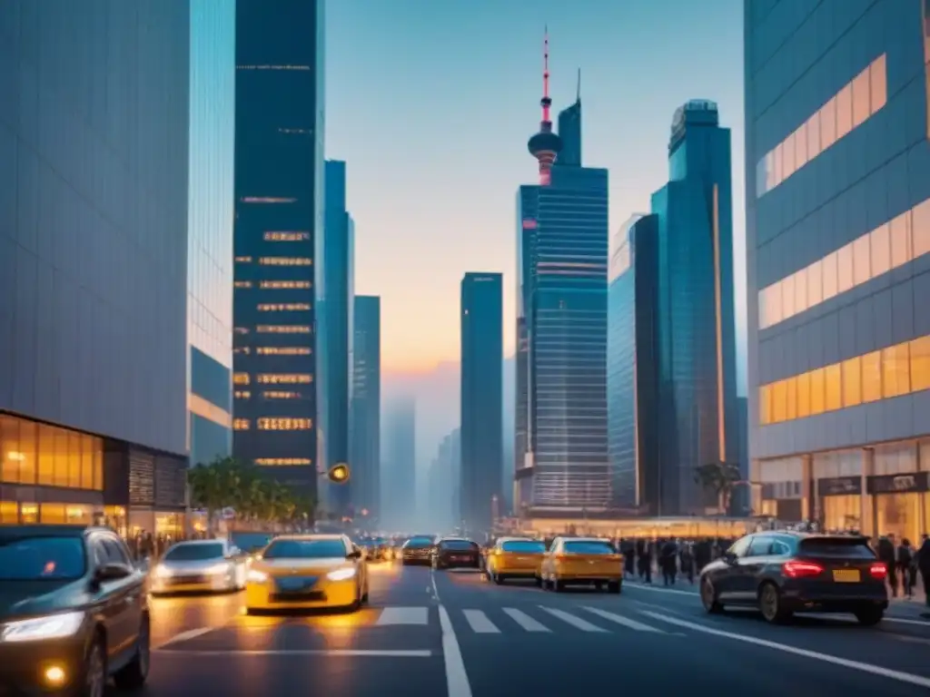 Horizonte urbano nocturno: modernidad y dinamismo en la ciudad Inversiones inmobiliarias comerciales en una ciudad bulliciosa al anochecer, con rascacielos modernos y profesionales en traje de negocios caminando