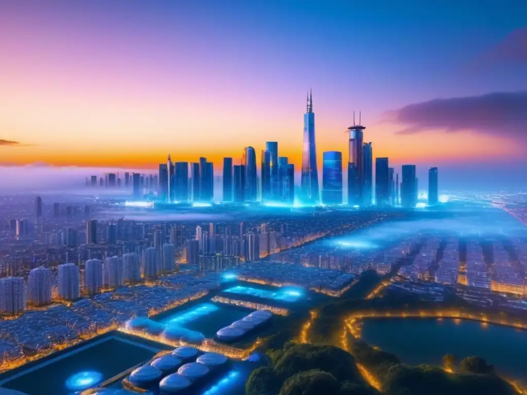 Metrópolis futurista: rascacielos, naturaleza y criptomonedas Inversiones inmobiliarias con criptomonedas: Ciudad futurista integrando tecnología y naturaleza al atardecer
