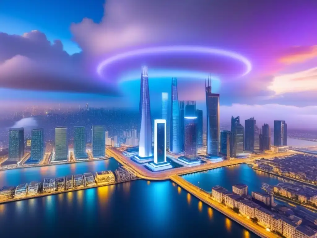 Metropolis futurista: inversión inmobiliaria y criptomonedas Inversiones inmobiliarias con criptomonedas en una ciudad futurista de rascacielos y símbolos digitales flotantes