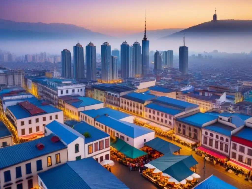 Skyline urbano: mercado callejero y rascacielos en país en desarrollo Inversiones inmobiliarias países desarrollo: Ciudad en crecimiento con arquitectura tradicional y moderna, mercados callejeros y rascacielos al fondo