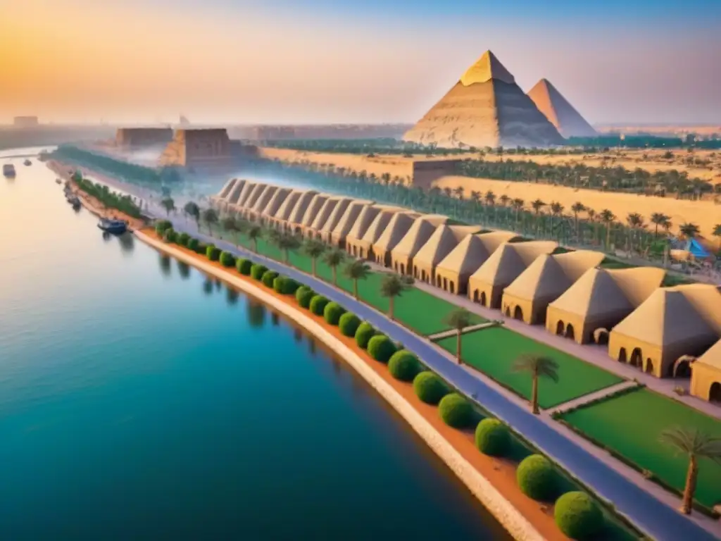 Desarrollos de lujo en el río Nilo: modernidad y historia en Egipto Inversiones inmobiliarias en Egipto: Desarrollos de lujo en el Nilo con arquitectura moderna, cafés al aire libre y vistas a las Pirámides de Giza