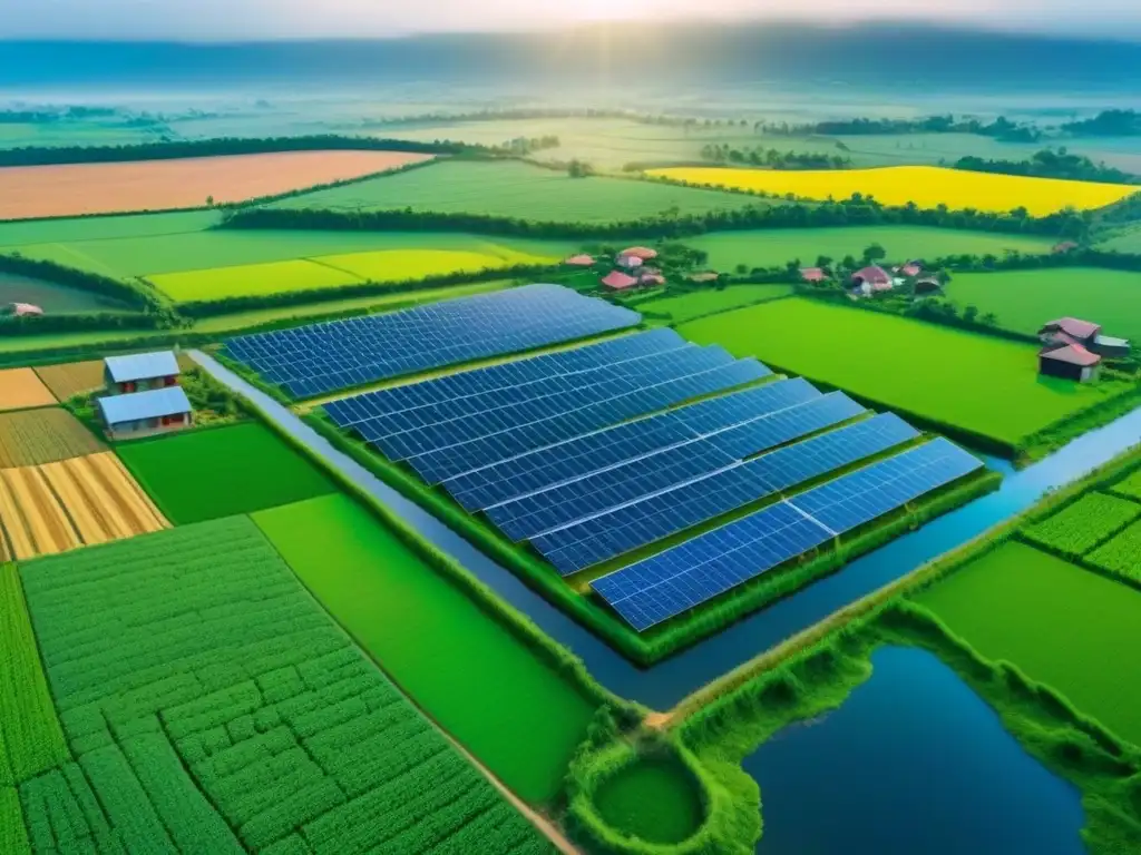 Desarrollo ecoamigable en entorno rural: armonía y progreso Inversiones inmobiliarias en desarrollos rurales: Paisaje rural con modernas casas ecofriendly y tecnología sostenible, bajo cielo azul