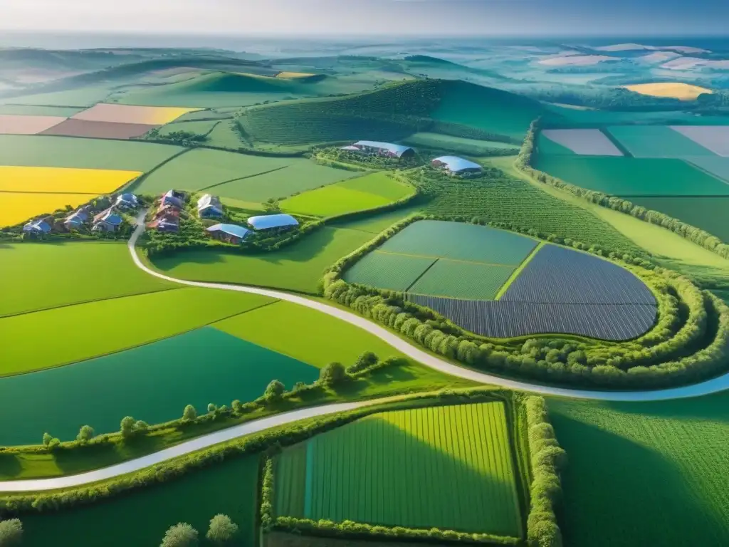 Eco-arquitectura rural: innovación y sostenibilidad en paisajes verdes Inversiones inmobiliarias en desarrollos rurales: Paisaje rural moderno y sostenible con arquitectura innovadora integrada en la naturaleza