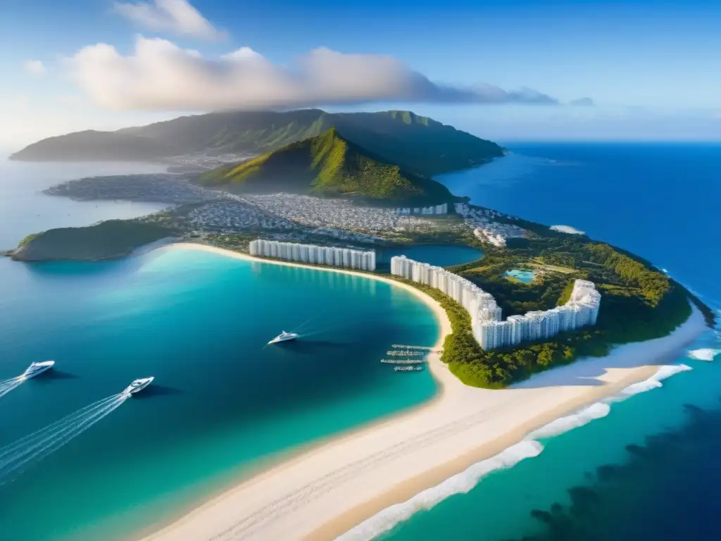 Paraíso costero: lujo y potencial inmobiliario al amanecer Inversiones inmobiliarias en destinos emergentes: Ciudad costera vibrante al amanecer con modernos edificios yates en aguas cristalinas