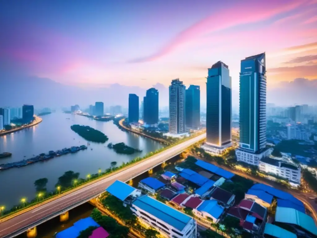Horizonte de Ho Chi Minh al atardecer: Desarrollo urbano en Vietnam Inversiones inmobiliarias en Vietnam: Vista detallada de Ho Chi Minh al atardecer, reflejando el desarrollo urbano