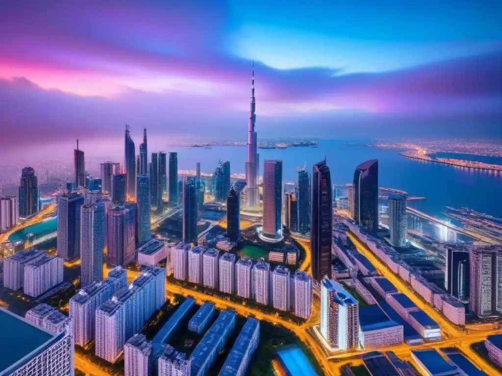 Metrópolis futurista: luces y arquitectura disruptiva Inversiones inmobiliarias disruptivas en el mercado global: una metrópolis futurista con rascacielos innovadores iluminados
