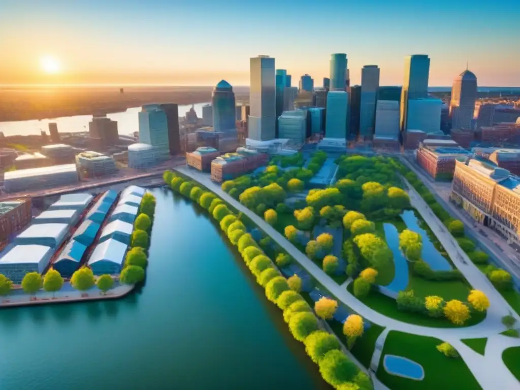 Innovación y tradición: Distrito de Boston en pleno auge Inversiones inmobiliarias en distritos innovadores: Vista aérea del bullicioso Distrito de la Innovación en Boston, con rascacielos modernos, espacios verdes y desarrollo en el waterfront, mostrando la energía vibrante del distrito con profesionales en reuniones al aire libre, ciclistas en el p