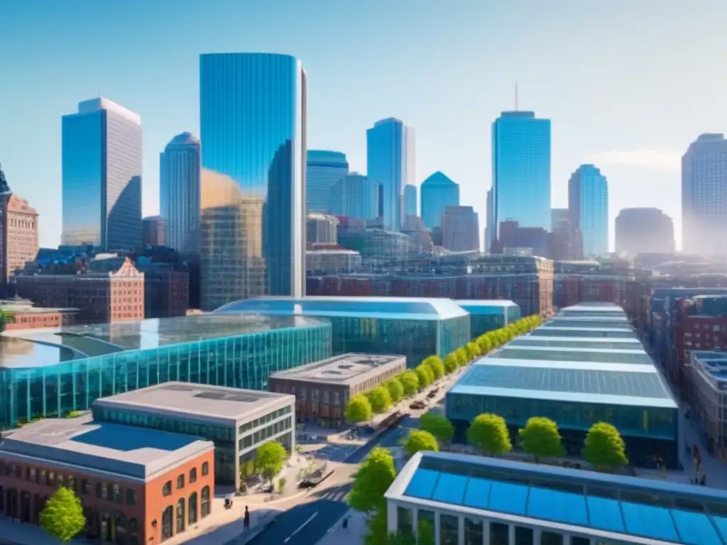 Skyline innovador de Boston: Futuro urbano en 8K Inversiones inmobiliarias en distritos innovadores: Skyline vibrante de Boston, edificios de cristal, calles bulliciosas y transporte futurista