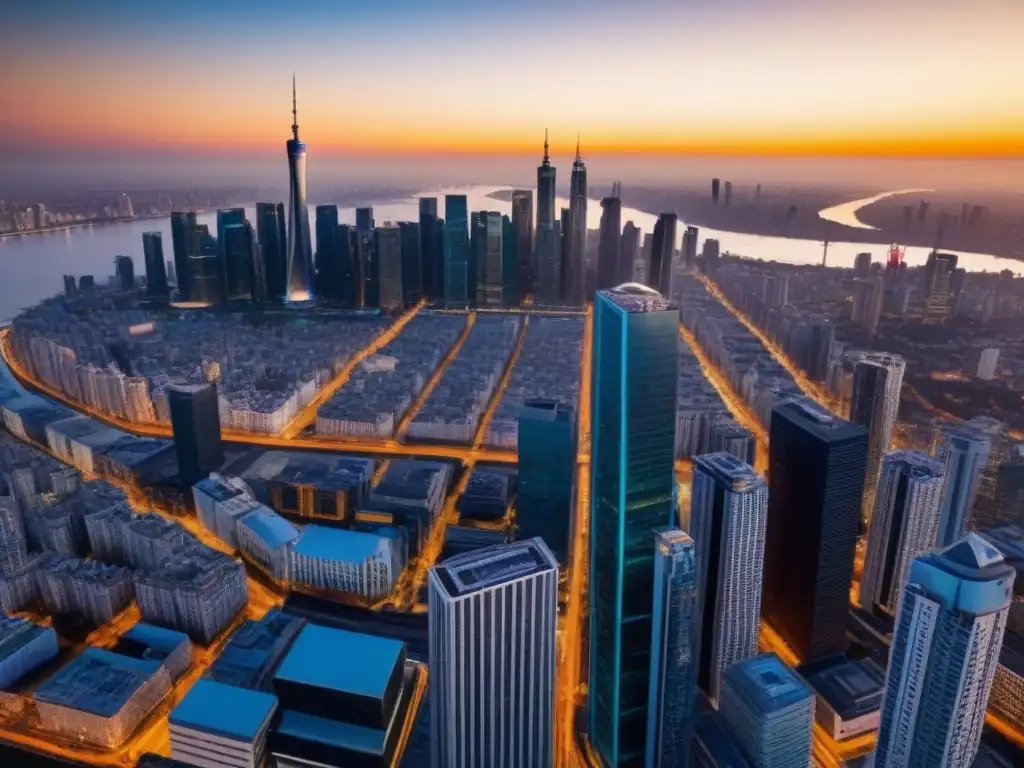 Horizonte urbano en economía emergente: modernidad y historia Inversiones inmobiliarias en economías emergentes: Skyline moderno y vibrante ciudad en crecimiento al atardecer