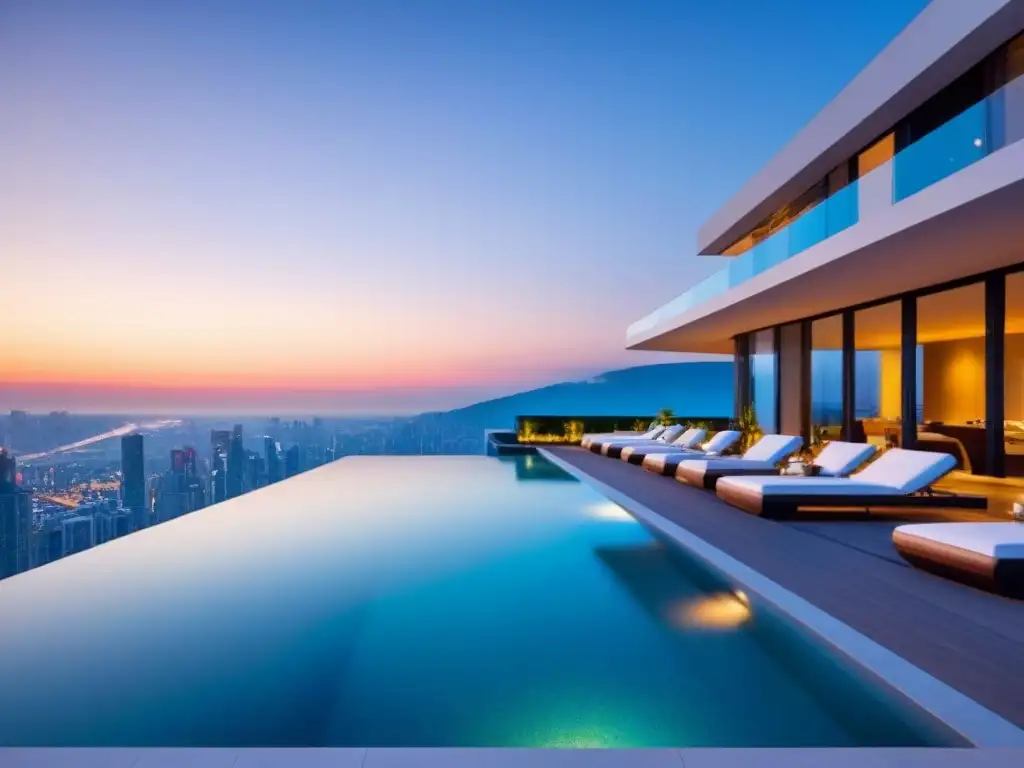 Edificio de lujo con diseño futurista y ecofriendly en la ciudad Inversiones inmobiliarias para millennials: Edificio de lujo con diseño futurista, infinity pool en la azotea y vista urbana al atardecer