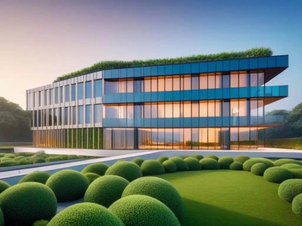 Edificio sostenible con tecnologías verdes innovadoras en entorno natural Inversiones inmobiliarias criterios ESG: Edificio moderno sostenible con paneles solares y techos verdes, rodeado de naturaleza exuberante