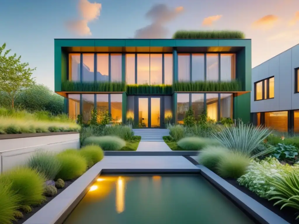 Edificio verde moderno en armonía con la naturaleza Inversiones inmobiliarias en edificios verdes: Edificio moderno rodeado de exuberante vegetación, con paneles solares y jardín vertical